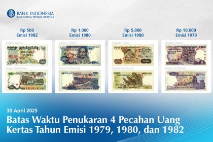 Teks foto: 4 kertas Uang Tukar Rupiah yang bakal dicabut dan ditarik dari peredaran. Bank Indonesia ingatkan hari ini terakhir. (Bank Indonesia)