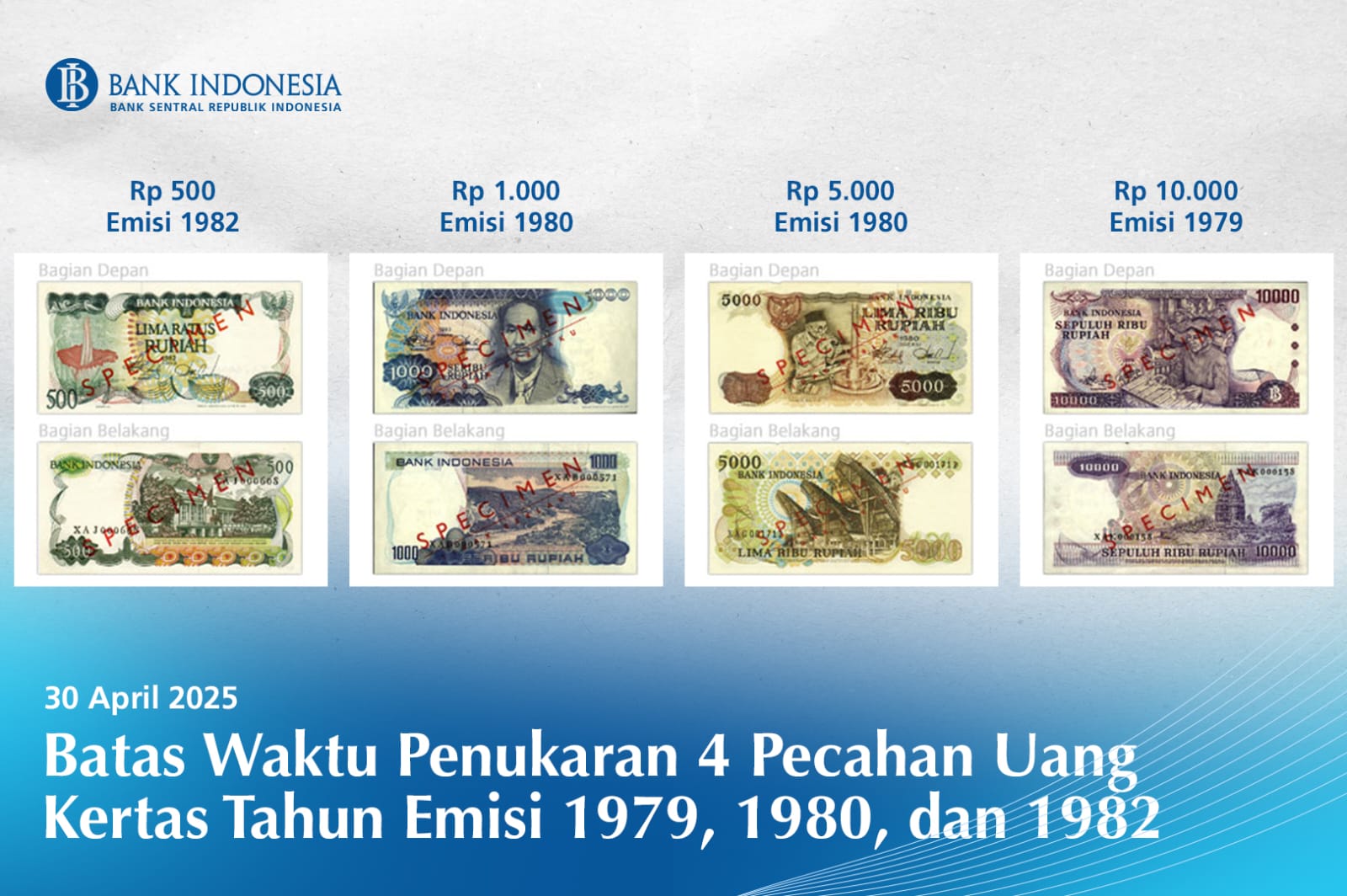 Teks foto: 4 kertas Uang Tukar Rupiah yang bakal dicabut dan ditarik dari peredaran. Bank Indonesia ingatkan hari ini terakhir. (Bank Indonesia)