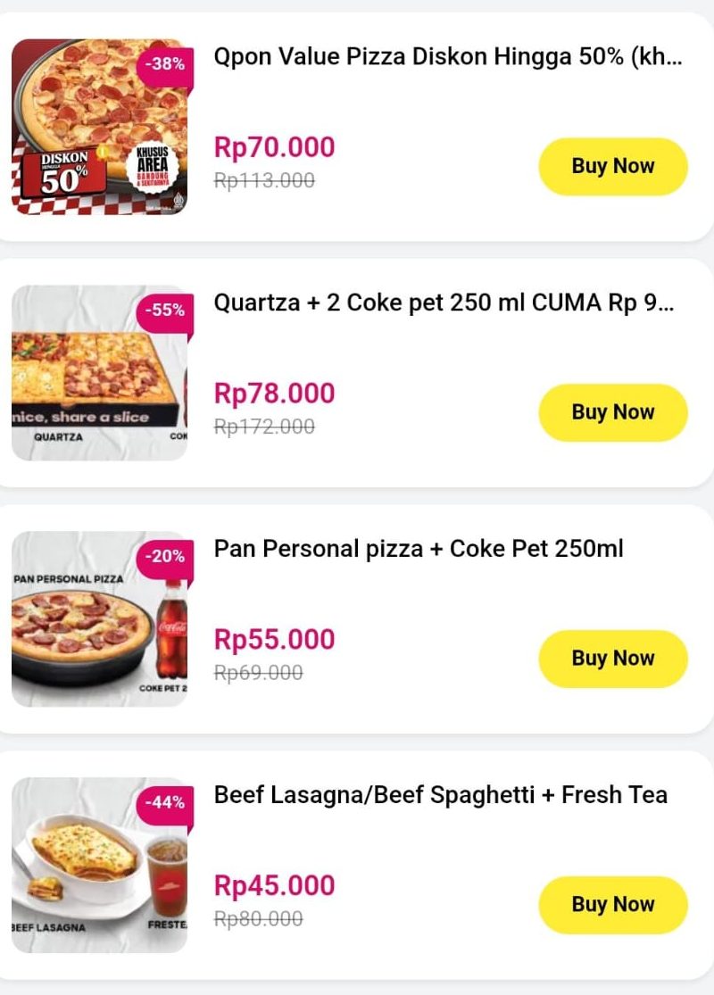 Tangkapan Layar Aplikasi Qpon Indonesia menu promo Pizza Hut Minggu (4/5/2025)