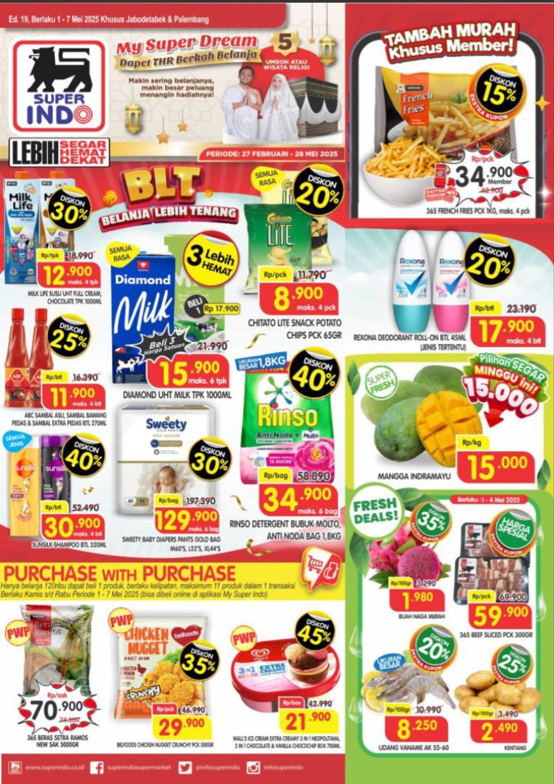Promo Belanja Langsung Tenang (BLT) Super Indo 1-7 Mei 2025 berlaku Jabodetabek dan Palembang. (Sumber: Super Indo)