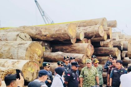 Teks foto: Petugas Gabungan terdiri dari Satgas Penertiban Kawasan Hutan (PKH) menyita sejumlah pohon kayu dari ilegal logging di Mentawai, Sumatera Barat. (Dok. Puspenkum Kejagung)
